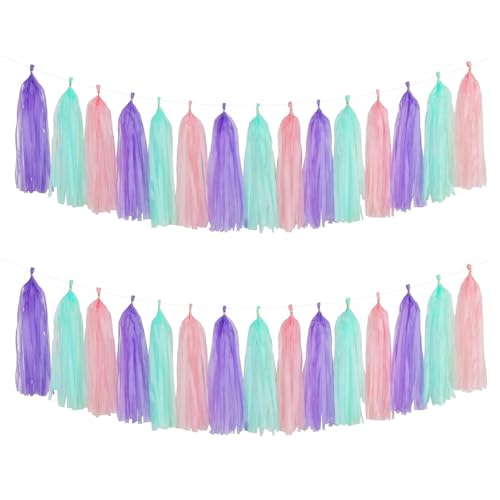 Image of Pink Purple and Blue Tassel Garland Banner Paper Tassels for Birthday Party Decorations,Pack of 15