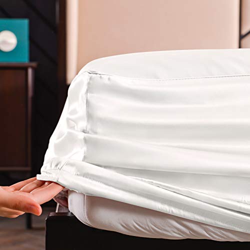 Thxsilk 7A+ Silk Fitted Sheet, 1 Fitted Sheet Only, 100% Mulberry Silk Bottom Sheet, Silk Bed Sheet With Deep Pocket 16", Machine Washable, Durable, Queen Size, White #TOP3