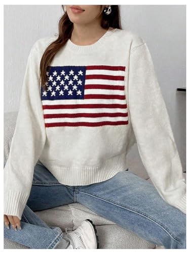 Image of SweatyRocks Women's Flag Pattern Long Sleeve Round Neck Sweater Casual Loose Pullover Sweater