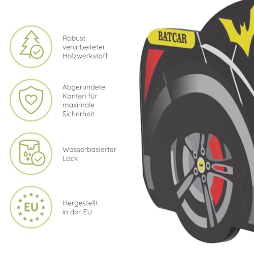 Kids Collective Autobett 70x140 cm Kinderbett Jugendbett mit Rausfallschutz | Kinder Spielbett Batman Batmobil Bat Car Auto Bett in schwarz optional mit Matratze | von Geburt bis 6. Lebensjahr
