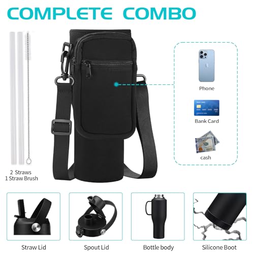 Image of 40oz Insulated Water-Bottle with Handle - Straw & Auto Chug Lid, Protective Boot, Carrier Bag, Stainless Steel Water Bottle, Leak-proof Coffee Tumbler, Skinny Flask Fit in Car Bike Cup Holder