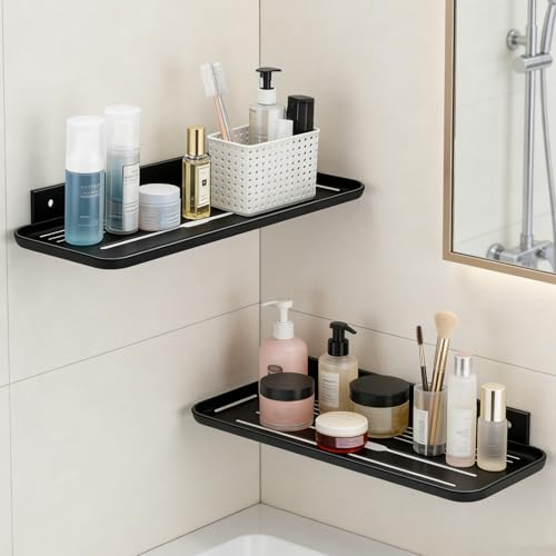 ACEXINYAN Wall Mounted Floating Shelf, Self Adhesive Shelf, No Drill Adhesive Wall Shelf, Floating Shelves Damage-Free Expand Walls Space for Living Room Kitchen Bathroom (2, Black)