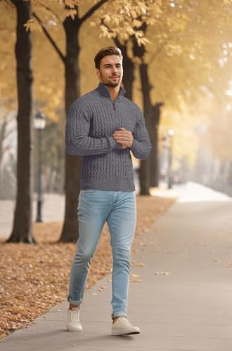 Askdeer Men's Quarter Zip Pullover Sweater Cable Knit Mock Neck Polo Sweater Classic Casual Sweater with Ribbing Edge4
