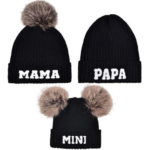 Kizzeloy 3 Pcs Parent-Child Beanie Hats Mama Papa Mini Matching Knitted Hats Winter Warm Cap with Pom Pom Family Beanie Hat(Black)