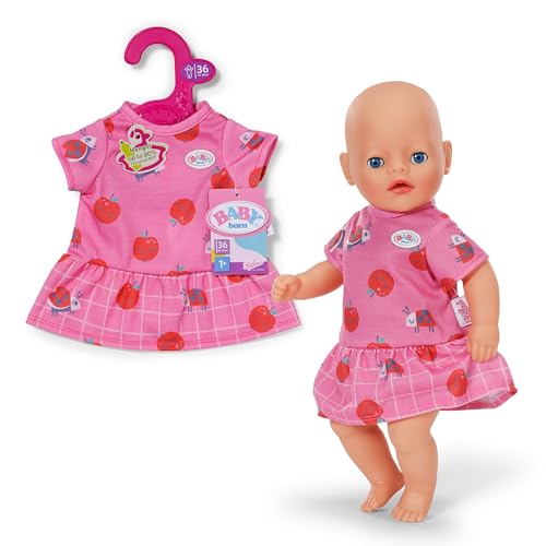 Baby Born pinkes Kleid - Puppenkleid mit Äpfeln & Marienkäfern - Hochwertige Puppenbekleidung - Puppenzubehör für Puppen der Größe 36 cm
