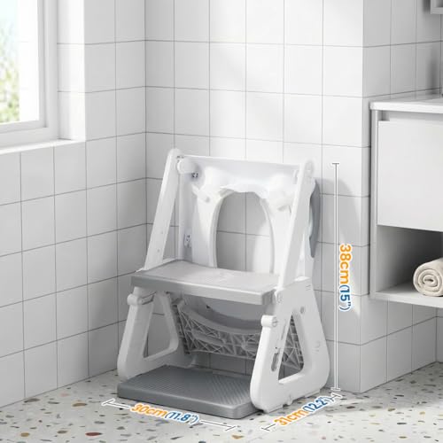 Orzbow Toilettensitz Kinder mit Treppe, Stabil Kinder Toilettensitz mit Dreiecksstruktur, Verlängerter Pedal- und Spritzschutz und Wasserdichtes PVC-Polster, Rutschfest und Faltbar, Grau