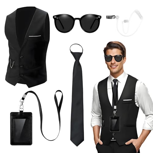 Boyigog Disfraz de agente para hombre, disfraz de agente de Halloween, traje para hombres con chaleco, gafas de sol, corbata, chófer, guardia, accesorios, agente de Halloween, carnaval, hombre