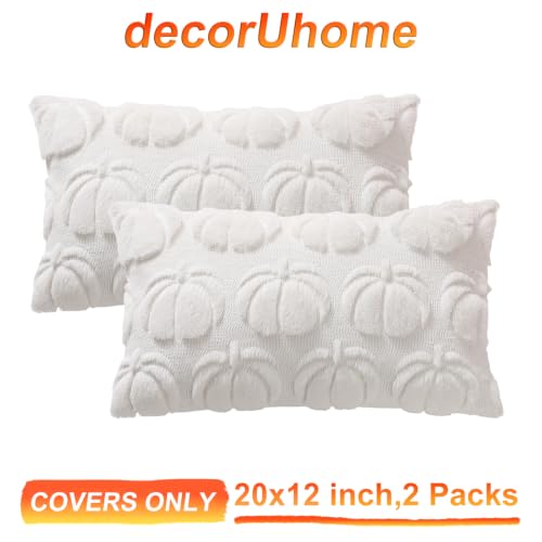 Image of decorUhome Fall Decorative Cream White Pumpkin Throw Pillow Covers 12x20 Set of 2, Soft Faux Fur Plush Farmhouse Accent Pillow Cases for Couch Bed Sofa Autumn Harvest Halloween Holiday Home Decor
