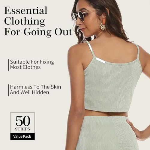 Double Sided Tape for Clothes and Body Waterproof Fashion Clothing Tape, 50 Strips Fabric Tape to Skin Strong Adhesive Body Tape, Clear Transparent for All Skin Shades3