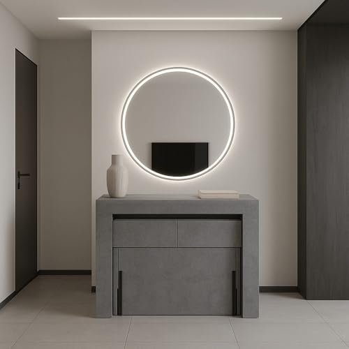 VE.CA – Kit Karen – Consola extensible con 2 bancos – aluminio – Dimensiones: 90 x 77 x 51,5 a 300 cm – Efecto cemento – Decoración, cocina, casa – Fabricado en Italia