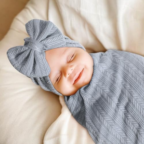 Image of AQOKKA Newborn Receiving Blanket with Bow Hat Mittens Wooden Card Set Wheat-Pattern Newborns Toddler Baby Boy Girl Nursery Swaddle Wrap