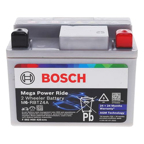 Image of Bosch M6 RBTZ4 AGM Bike Battery - Lead-Acid Battery for Two-Wheelers - Spill Proof, with Enhanced Cranking Power and Zero Maintenance - 12V, 4A /h Rate - 120 x 75 x 90mm