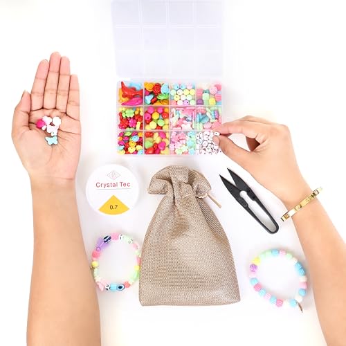 Image of Ambitieux DIY Bracelet Making Kit for Girls - 12 Types Colorful Beads with Charms, Elastic Thread, Earrings, Clasps & Rings - Jewellery Craft Kit for Kids, Birthday Return Gift, Rakhi Special Set for 2 3 4 5 6 7 8 9 10 years (Multicolor 2)