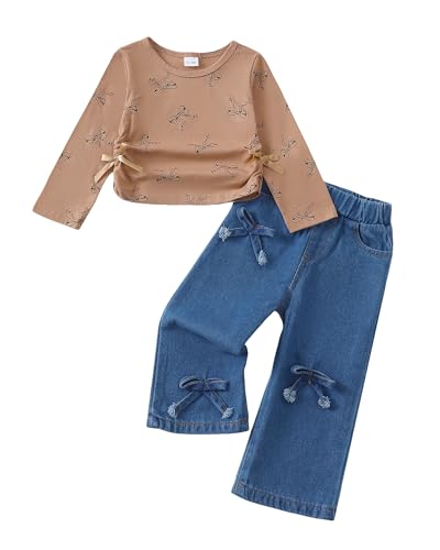 Image of Kucnuzki Toddler Baby Girl Clothes Long sleeve Fall Winter Shirt Tops Baggy Jeans Pants Set Kids Girls Outfits 2 Piece