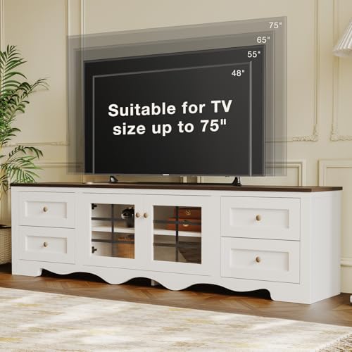 oneinmil 70\" Farmhouse TV Stand for TVs up to 75\", TV Console with Glass Door Storage Cabinet, Large Sturdy Wood Entertainment Center for Living Room Bedroom, White