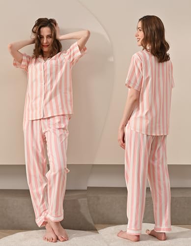 Image of NAP BOUND 100% Cotton Women Pajama Sets Button Down Short Sleeve Sleepwear Soft Pjs 2 Piece Lounge Set with Pocket XS-XXL