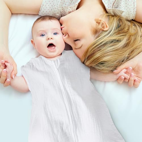 Image of david's kids Muslin Cotton Baby Sleep Sack 0-6 Months, 2 Pack 100% Cotton Sleeping Bag for Summer, TOG 0.5 Baby Wearable Blankets with 2-Way Zipper, Soft Sleep Sacks for Newborn Infant, White & Grey