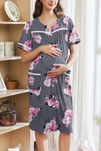 Image of Ekouaer Nightgowns for Women Hospital Gown with Pockets Button Down Sleep Shirt Short Sleeve Sleepwear Pajama Loungewear Grey Flower Large