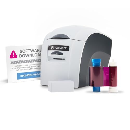 ID Maker Card Printer Machine & Supply Kit for Badge Printing - Print Professional Quality 1 Sided Identification Badges - IDMaker Software, Premium Camera, 100-Print Color Ribbon, 100 Blank PVC Cards