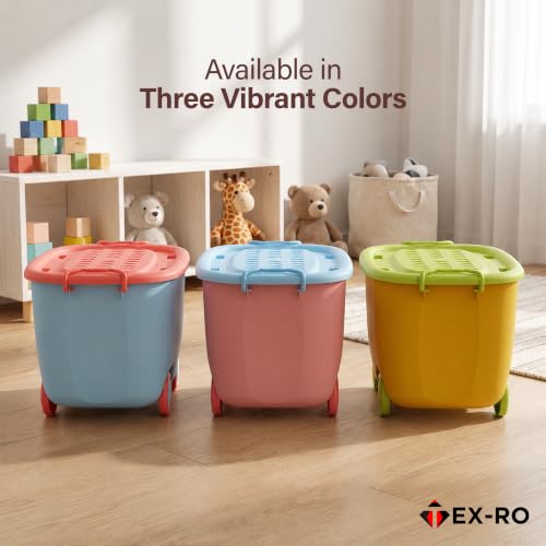 Image of TEX-RO Toy Storage Box with Lid and Wheels for Kids | Large Stackable Plastic Storage Box & Organiser | Big Toy Organizer for Kids Room | Movable Toy Box for Boys & Girls Bedroom (50x33x26cm)