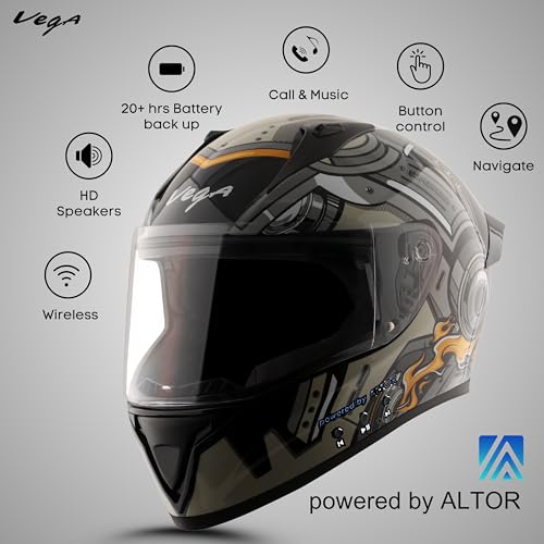 Image of Vega Bolt Superhero Smart Bluetooth Full-Face Helmet - Advanced Safety, Shockproof, Aerodynamic, Premium Comfort Black Grey M