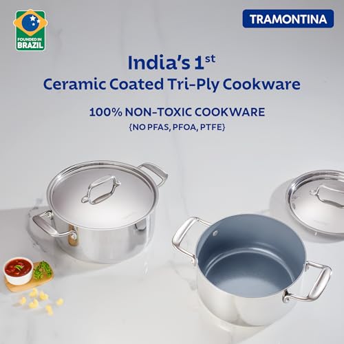 Image of Tramontina Fusao Healthy Triply Ceramic 30cm / 6.2L Casserole EX+ with SS 304 Lid | Stock Pot | Biryani Pot | Induction Friendly | Stay Cool Handle I 10 Year Warranty
