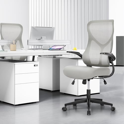 Image of DUMOS Office Managerial Executive Chair with Ergonomic Design, High Back Mesh Computer Desk Task Chair with Flip-up Armrests, Swivel Adjustable Height with Wheels, Comfy Lumbar Support, Gery