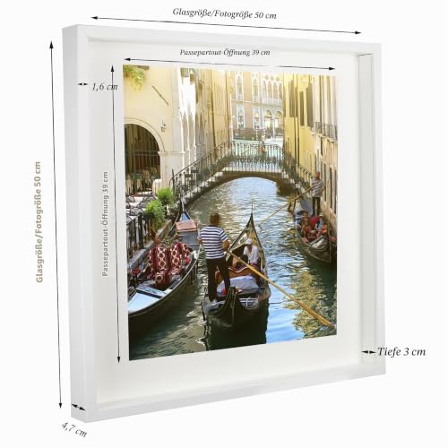 BD ART 50x50 cm groß Box 3D Objektrahmen Bilderrahmen mit Passepartout 40x40 cm, Weiß Quadratische zum befüllen, tiefer für objekte, foto… – Ansicht 3