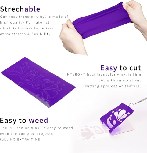 Image of HTVRONT HTV Heat Transfer Vinyl Bundle: 24 Pack 12 inchx12 inch Purple Iron on Vinyl Sheets for T-Shirt (1 PTFE Sheet Included), Purple PU HTV Vinyl Easy to Cut & Weed for Heat Design