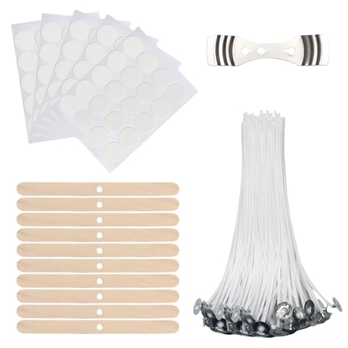 100 Pezzi Stoppini per Candele - Stoppini in Cotone per Candele da 15cm con Porta Stoppino in Legno e Adesivi per Stoppini Bifacciali supporto in metallo per candele fai da te
