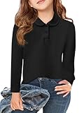 Haloumoning Girls Long Sleeve Polo Shirts Kids Peter Pan Collar School Uniform Shirts Cute Tops 5-14Y Black