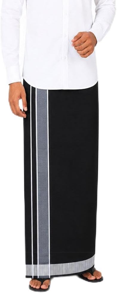 Men's Cotton Color Dhoti with Fancy Border - Kerala-style Veshti Mundu Kaili Lungi 2.0 Mtrs (Black-White Border)