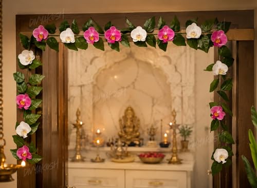 Image of Divyakosh Mango Leaf Vine /Creeper with Orchid Flowers for Door Entrance Decor 80 Inch | 14 Orchid Flowers Hanging Thoran /Bandarwal /Garland for Diwali Ganpati Mandir Festive Decoration