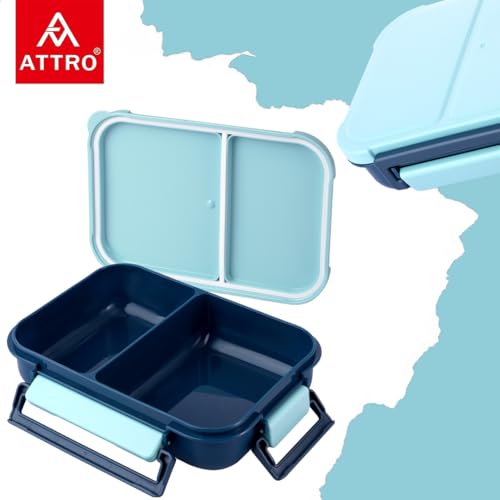 Image of ATTRO Gourmet 2 Compartment Lunch Box Portable Meal Organizer for Office, School BPA-Free, Food Grade, Freezersafe, Microwave & Oven Safe 1200ml Blue, Plastic