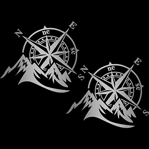 Iprokiu 2Pcs Mountain Compass Sticker For Car Vinyl Decal Car Body Window Bumper Sticker Laptop Skateboard Motorcycle Suv Trucks Car Sticker Waterproof Car Decoration (Brushed Silver) #TOP8