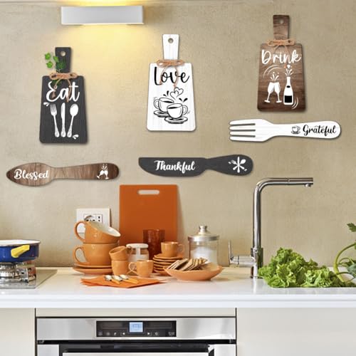 PH PandaHall 6pcs Kitchen Wall Decor Start Drink Sign Set Wood Pendant Accessories Mini Wood Plaque Fork and Spoon Shape Decorations Rustic Style Home Dector Black Brown White 11x5.5 inch/11.8x2 inch - Image 7