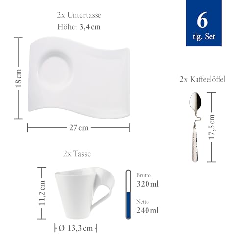 Villeroy & Boch - Newwave Caffè Kaffeetassen Set Mit Kaffeelöffel 6 Teilig Für 2 Personen, Spülmaschinenfest, Tassen Set, Kaffeeservice, Kaffee Set, Kaffeebecher Set, Premium Porzellan, Edelstahl