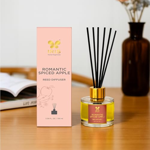 Image of IRIS Aroma Reed Diffuser - 100ml | Elegant Home Fragrance with 6 Fiber Reeds, Glass Round Bottle with Gold Cap | Aroma Diffuser for Cozy Decor & Gifting (Spiced Apple)
