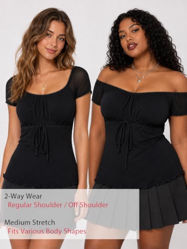 EMMIOL Y2K Mesh Top Women Babydoll Stretchy Short Sleeve Shirt Scoop Neck Summer Going Out Cute Fairy Top Black — view 4