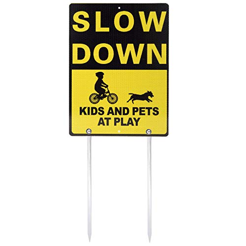 Kichwit Double Sided Slow Down Kids and Pets at Play Sign for Neighborhood Street, 15.8 x 11.8 , Large Reflective Aluminum Slow Down Sign with 14 Metal Stakes