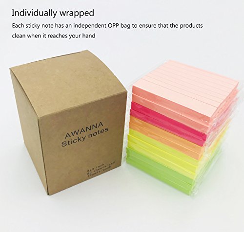 Sticky Notes With Lines 3 Inch X 3 Inch 5 Assorted Bright Color Lined Self-Stick Notes, 80 Sheet / Pad 12 Pad / Pack Easy Post Individual Package #TOP6