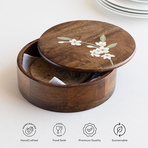 Image of Aurum Crafts Bella Mango Wood Roti Box 8x8 Inch | Handpainted Wooden Chapati Box with Floral Lid | Kitchen Casserole for Roti, Bread Storage & Serving