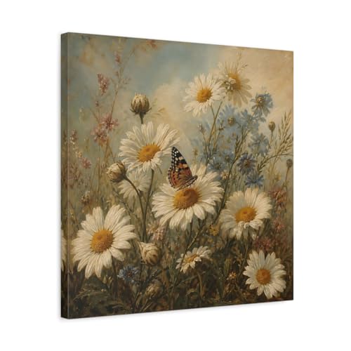 Tableau marguerites et papillons nature 50x50 cm sur toile salon
