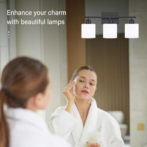 Image of 3-Light Bathroom Light Fixtures, Black Bathroom Vanity Lights with Milky White Frosted Glass Shades, Black Vanity Light for Bathroom Mirror, Bedroom, Living Room, Vanity Table, E26 Base