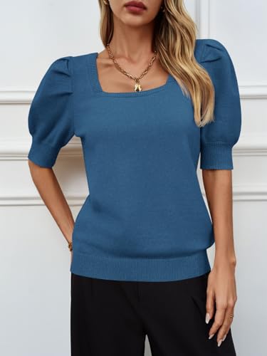 Image of Womens Puff Short Sleeve Sweater Tops Square Neck Casual Knit Pullover