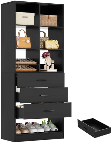 Homieasy Closet System Organizer with 3 Drawers and Partition Storage, Freestanding Wardrobe Organizer Modular with Shoe Shelf, Expandable for Walk-in or Reach-in Closets, Black