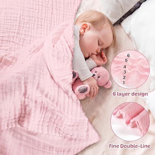 Image of Chumia 6 Pack Baby Muslin Bath Towels Bulk 43.3 x 43.3 Inch 6 Layer Soft Cotton Swaddle Receiving Blankets Breathable Quick Dry for Newborn Infant Toddler, Baby Shower Registry Gifts(Pink and White)