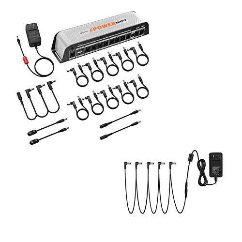 Donner DP-Z Guitar Pedal Power Supply 10 isolated DC output with USB charge port and DPA-1 Pedal Power Supply Adapter 9V DC 1A Tip Negative 5 Way Daisy Chain Cables for Effect Pedal