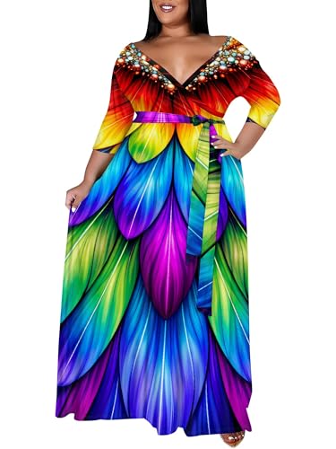 Image of SUZONANA Plus Size Maxi Dresses for Curcy Women Casual Loose 3 /4 Sleeve Long Dress with Belt