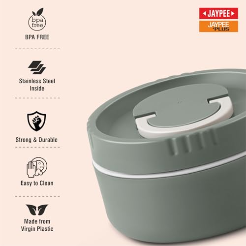 Image of Jaypee Plus Snackpac Airtight Leakproof Container 400 ml Lunch Box for School, Office, Ideal for Snacks and Meal, Keeps Food Hot & Fresh Inner Stainless Steel Easy to Carry Handle, Greenish Green